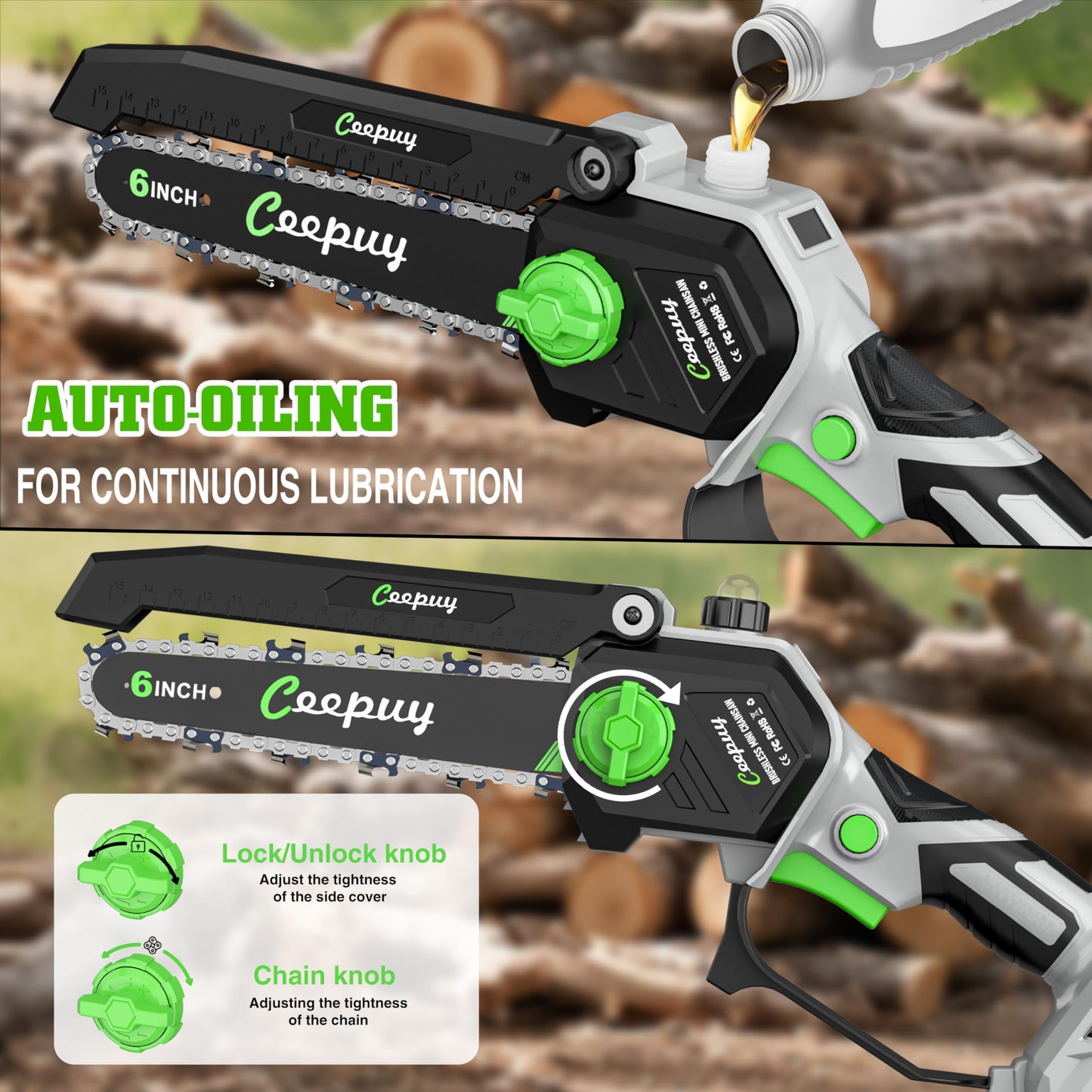 CEEPUY Mini Chainsaw Cordless,6 Inch Portable Electric Chainsaw with Automatic Oiler/Security Lock/Battery Powered Small Handheld Saw for Trees Branches Trimming,Wood Cutting, Gifts for Men Women