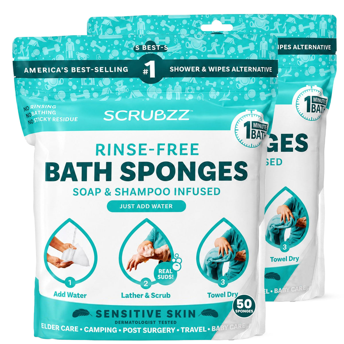 Scrubzz No-Rinse Bathing Wipes, 25 per Pack