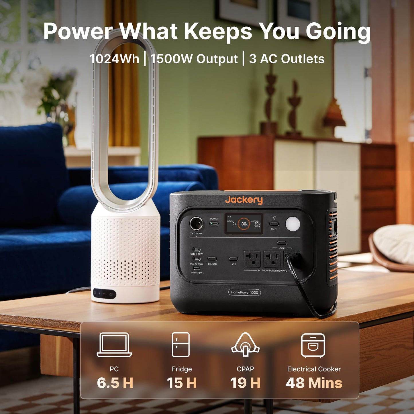 Jackery Explorer 1000 v2 Portable Power Station,1070Wh LiFePO4 Battery,1500W AC/100W USB-C Output, 1 Hr Fast Charge, Solar Generator for Camping,Emergency, RV, Off-Grid Living(Dune White)