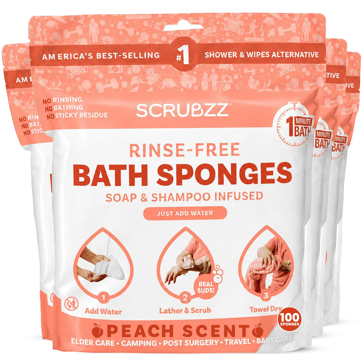 Scrubzz No-Rinse Bathing Wipes, 25 per Pack