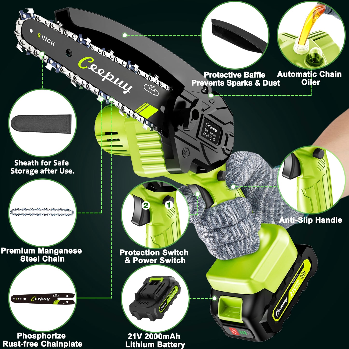 CEEPUY Mini Chainsaw Cordless,6 Inch Portable Electric Chainsaw with Automatic Oiler/Security Lock/Battery Powered Small Handheld Saw for Trees Branches Trimming,Wood Cutting, Gifts for Men Women