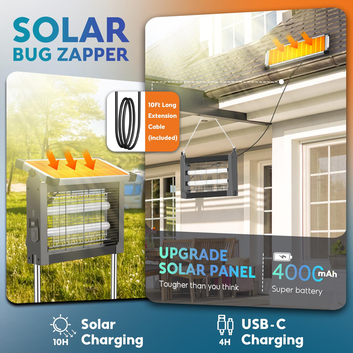 Solar Bug Zapper 4500V, Waterproof Mosquito Zapper Fly Traps Outdoor Patio