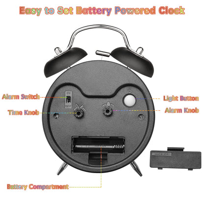Peakeep 4 Inches Twin Bell Loud Alarm Clock for Heavy Sleepers, Backlight, Battery Operated Old Fashioned Alarm Clock for Bedrooms (3D-Dial, Black)