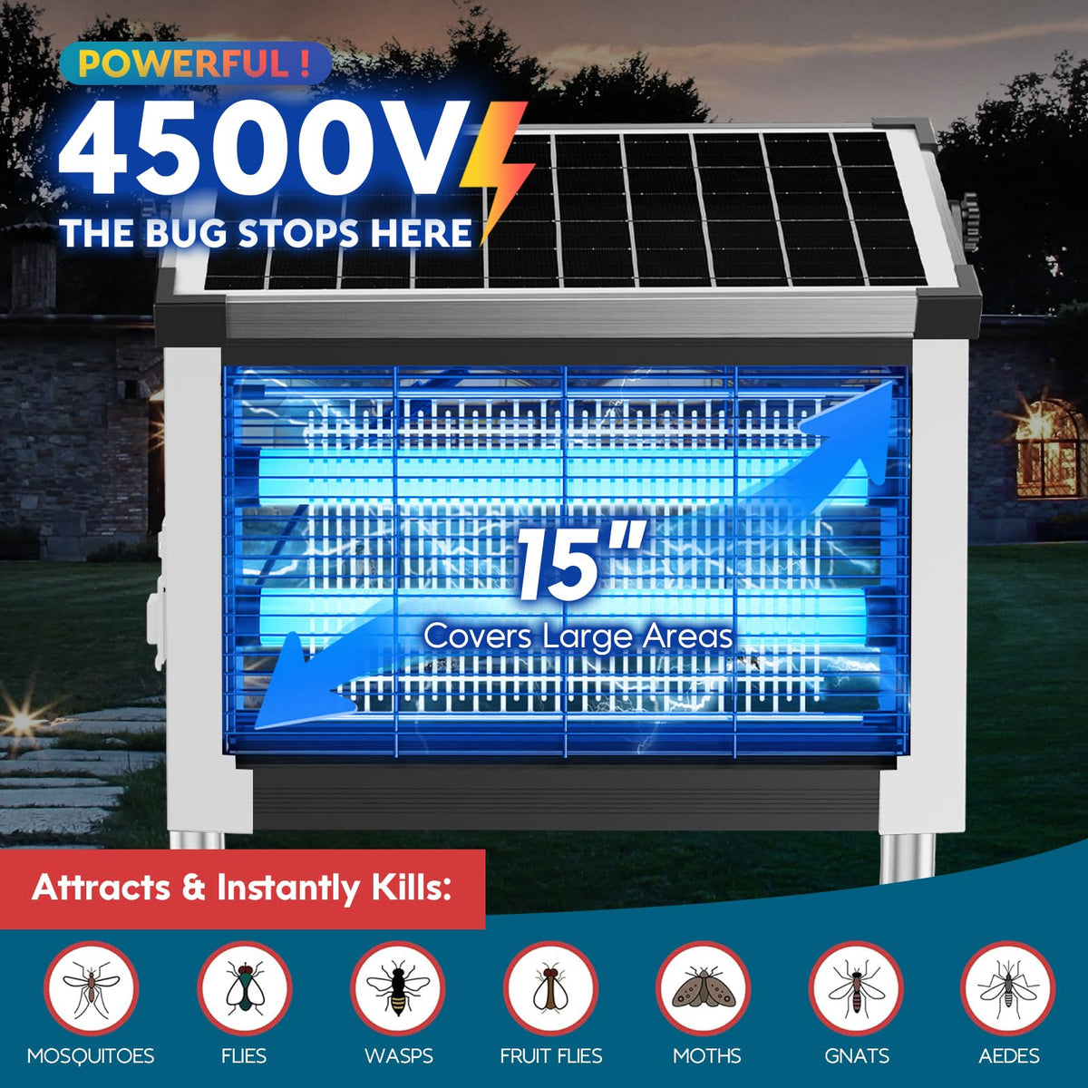 Solar Bug Zapper 4500V, Waterproof Mosquito Zapper Fly Traps Outdoor Patio