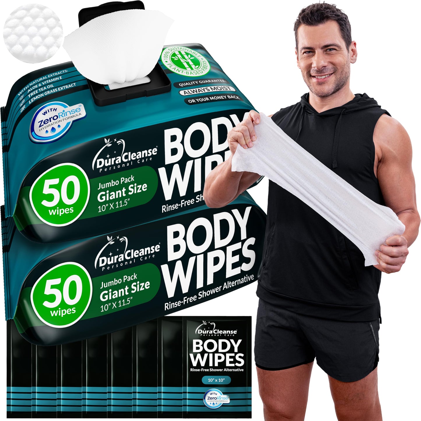 XL Body Wipes for Adults Bathing – 50 Ct + 4 Travel Shower Wipes 10 x 11.5" Thick Cleansing No Rinse Bath Wash Sheets for Elderly, Incontinence, Men & Women, Camping Essentials Disposable Washcloths