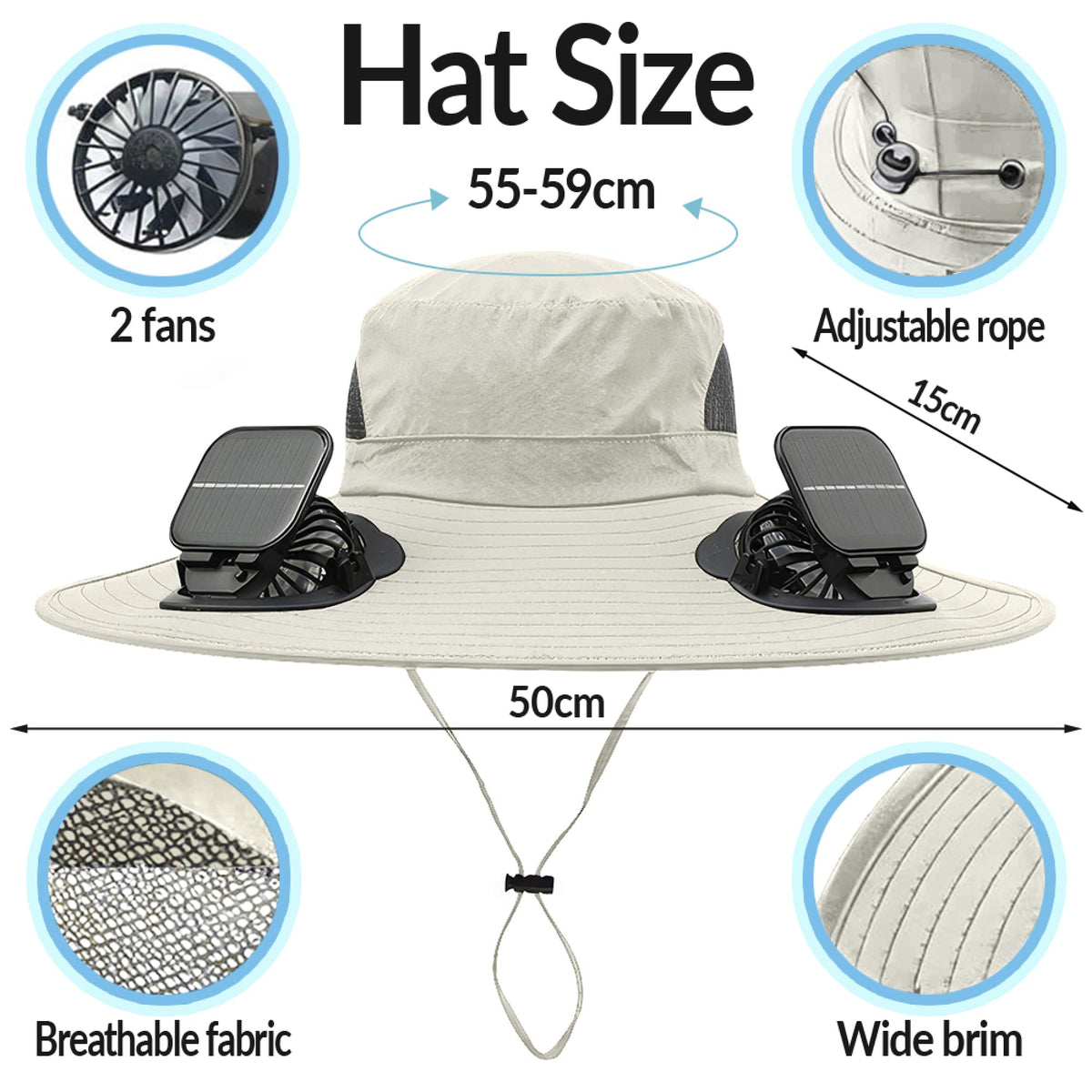 Solar Powered Fan Hat for Men Women Wide Brim Hat with 2 Fans UPF 50+ Outdoor Fishing Beach Sun Hat