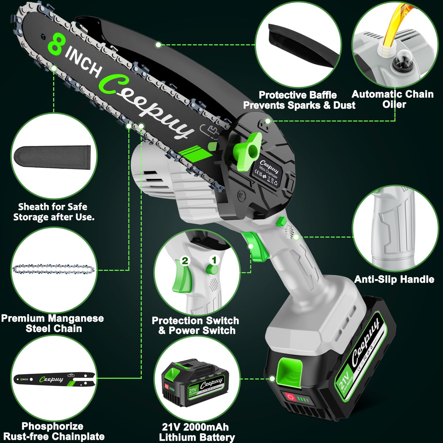 CEEPUY Mini Chainsaw Cordless,6 Inch Portable Electric Chainsaw with Automatic Oiler/Security Lock/Battery Powered Small Handheld Saw for Trees Branches Trimming,Wood Cutting, Gifts for Men Women