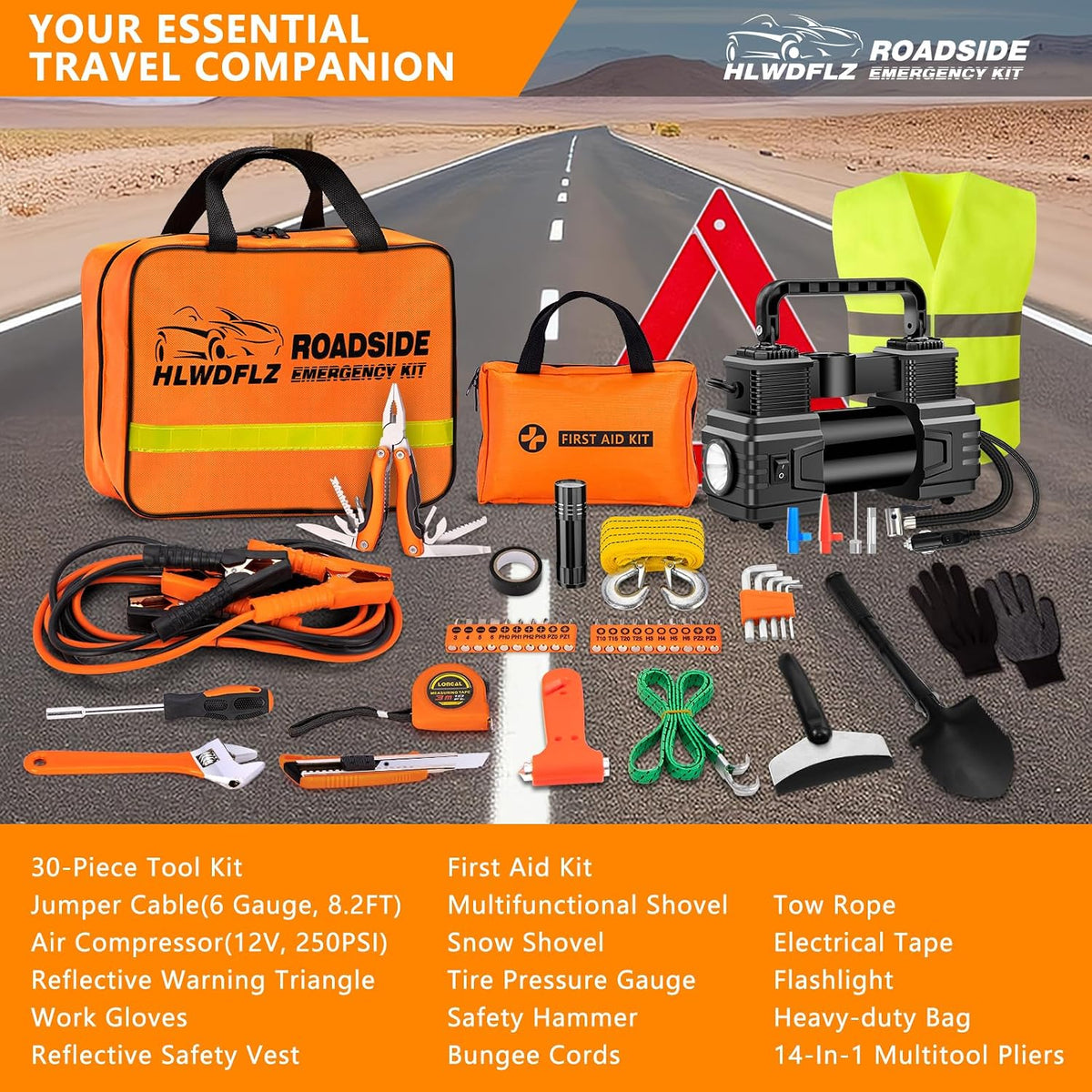 Car Emergency Kit with 12V Air Compressor, Jumper Cables, First Aid & Auto Tools