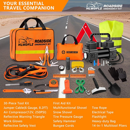 Car Emergency Kit with 12V Air Compressor, Jumper Cables, First Aid & Auto Tools