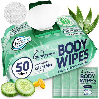 XL Body Wipes for Adults Bathing – 50 Ct + 4 Travel Shower Wipes 10 x 11.5" Thick Cleansing No Rinse Bath Wash Sheets for Elderly, Incontinence, Men & Women, Camping Essentials Disposable Washcloths