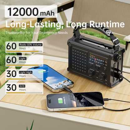 Solar Radio Emergency Hand Crank 12000mAh with Clear Signal, AM FM NOAA Weather Radio Battery Operated with 2-Mode LED Flashlight Cell Phone Charger Dual Outputs SOS