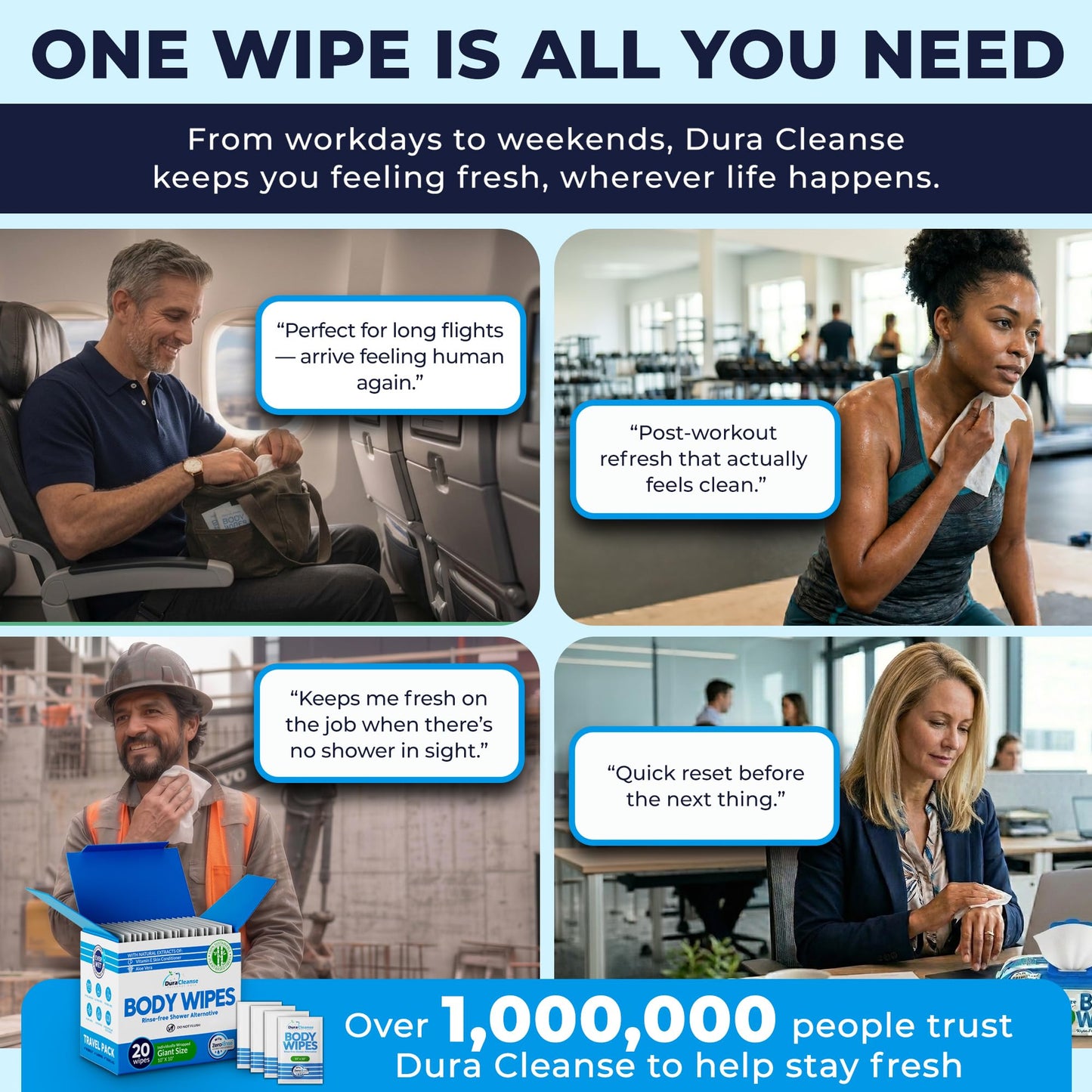 XL Body Wipes for Adults Bathing – 50 Ct + 4 Travel Shower Wipes 10 x 11.5" Thick Cleansing No Rinse Bath Wash Sheets for Elderly, Incontinence, Men & Women, Camping Essentials Disposable Washcloths