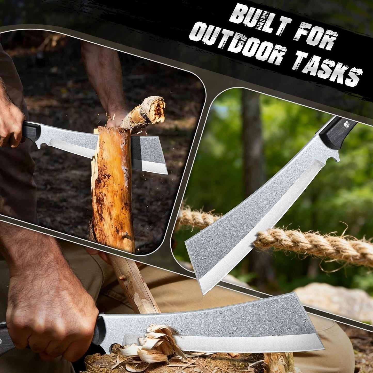 Freelander Japanese Machete for Cutting Trees Heavy Duty, Full Tang Black Survival Machete Knife with Wooden Sheath for Yard Work, Gardening, Camping and Bushcraft, Gifts for Men