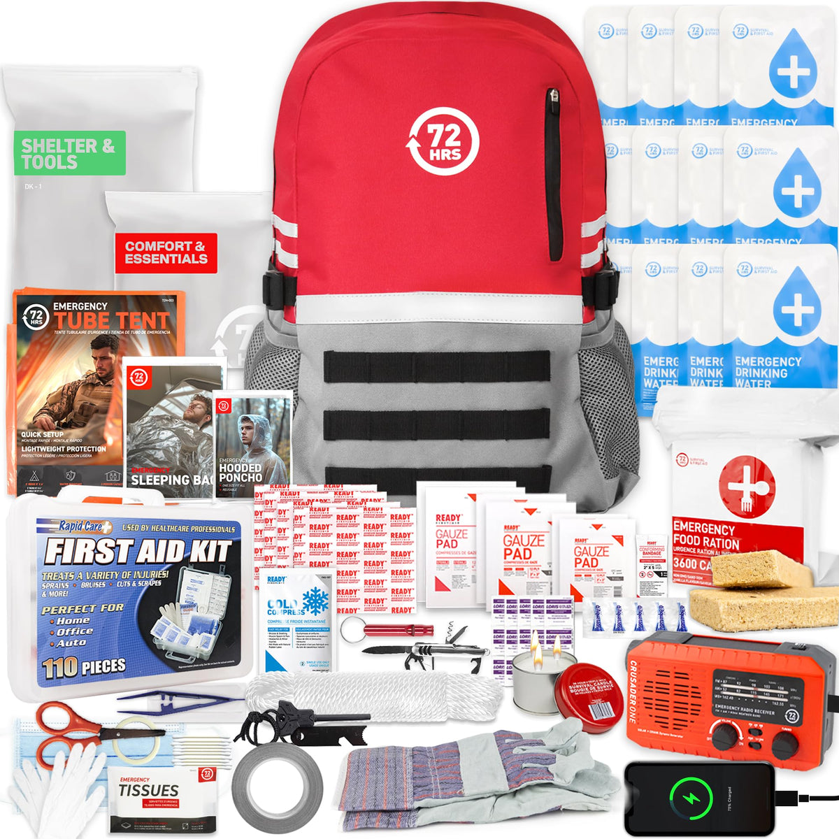 72 HRS Deluxe 72-Hour Emergency Survival Kit, Bag, First Aid, Water & Food