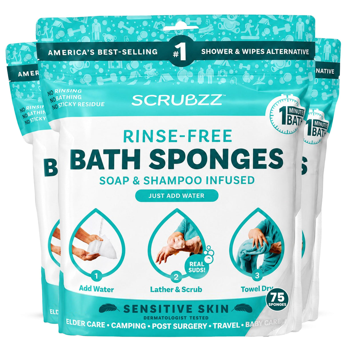 Scrubzz No-Rinse Bathing Wipes, 25 per Pack