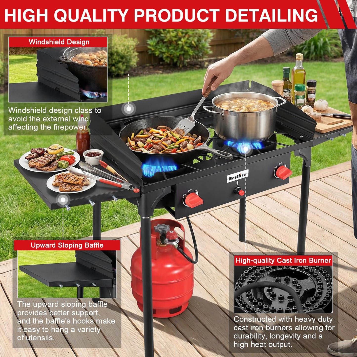 Bestfire 3 Burners Camping Stove for Cooking Outdoor, 225,000 BTU Propane Burners with Ignition wire&Removable Legs, Temperature Control Knobs and 20 PSIG High Pressure Regulator for BBQ