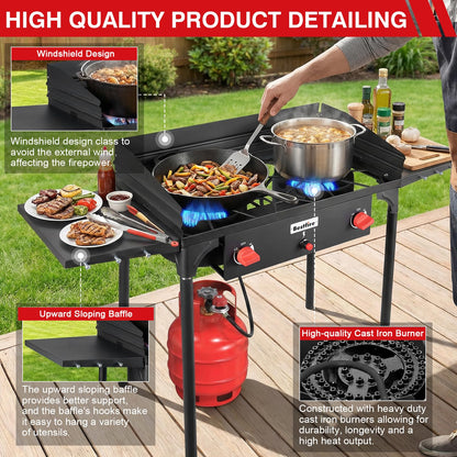 Bestfire 3 Burners Camping Stove for Cooking Outdoor, 225,000 BTU Propane Burners with Ignition wire&Removable Legs, Temperature Control Knobs and 20 PSIG High Pressure Regulator for BBQ