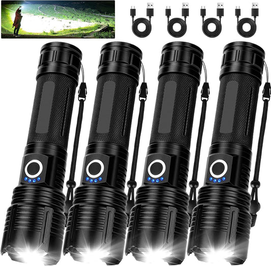 MILAOSHU 4 Pack Flashlight Rechargeable 99,000 High Lumens, Super Bright Rechargeable Flashlights for Home, Powerful LED Flash Light with 5 Light Modes, IPX7 Waterproof for Outdoor, Camping
