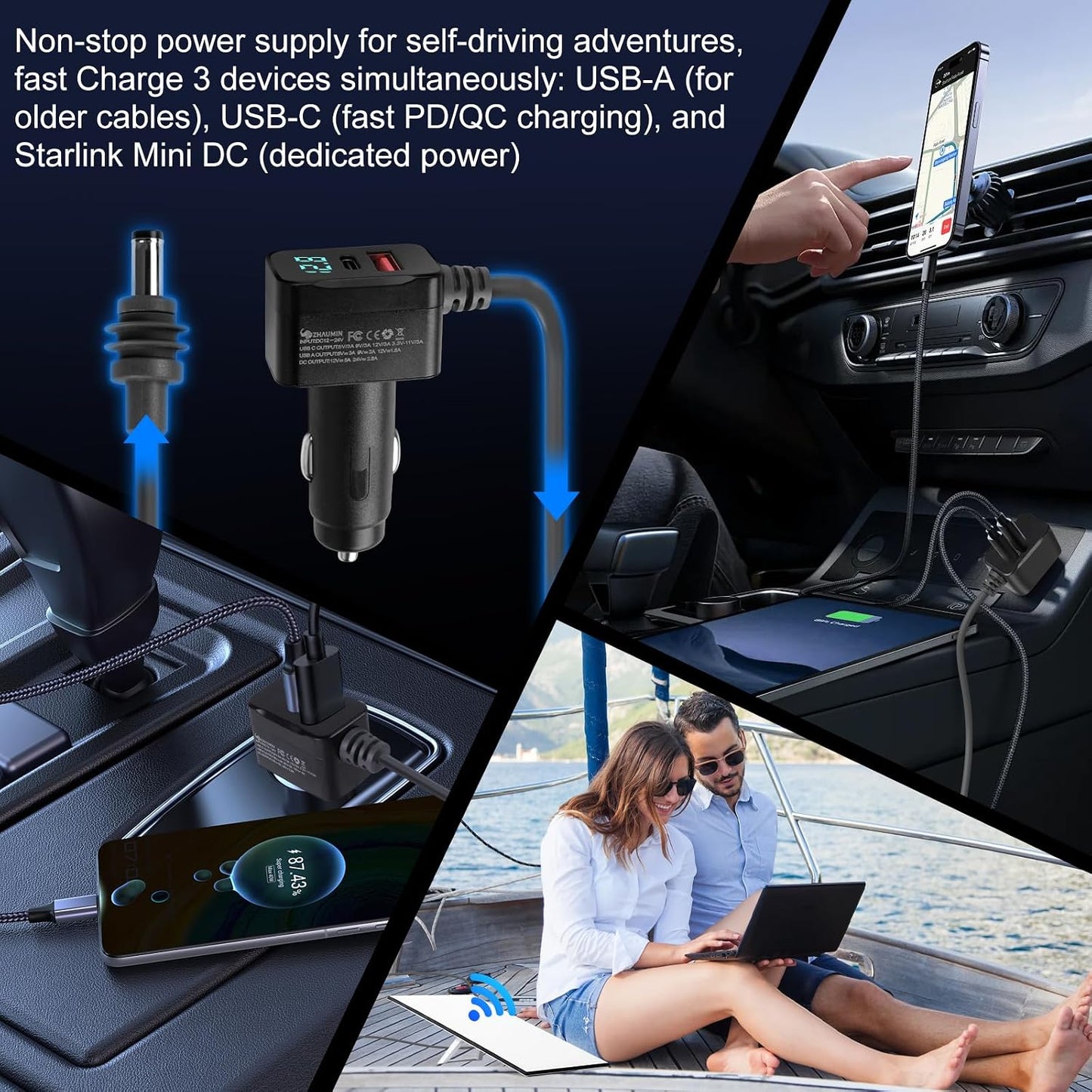 Starlink Mini Car Adapter 10FT 3-in-1 Cable & 12V-24V Adapter with Display | Starlink-Mini 12V Adapters for Cars, Trucks, RVs | USB-C PD 36W & USB-A QC 18W | Waterproof