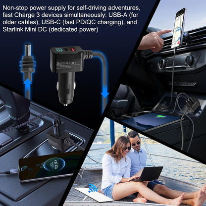 Starlink Mini Car Adapter 10FT 3-in-1 Cable & 12V-24V Adapter with Display | Starlink-Mini 12V Adapters for Cars, Trucks, RVs | USB-C PD 36W & USB-A QC 18W | Waterproof