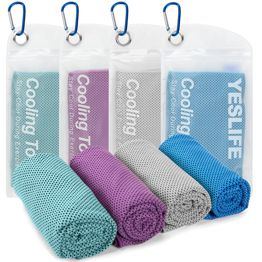 YESLIFE 4 Pack Cooling Towels (40"x12"), Gym Sweat Towels, Cooling Neck Wraps, Soft Breathable Microfiber Towels for Yoga, Running, Sport, Workout, Camping & More (Multicolor)