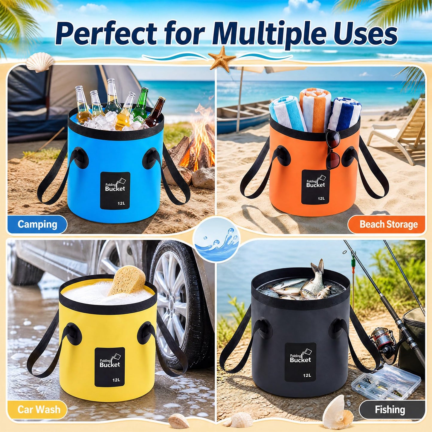 3 Gallon 4 Pack Collapsible Bucket, Foldable Water Bucket with Handles, Portable Camping Buckets for Fishing, Hiking, Cleaning, Outdoor & Travel Use (Multicolor)