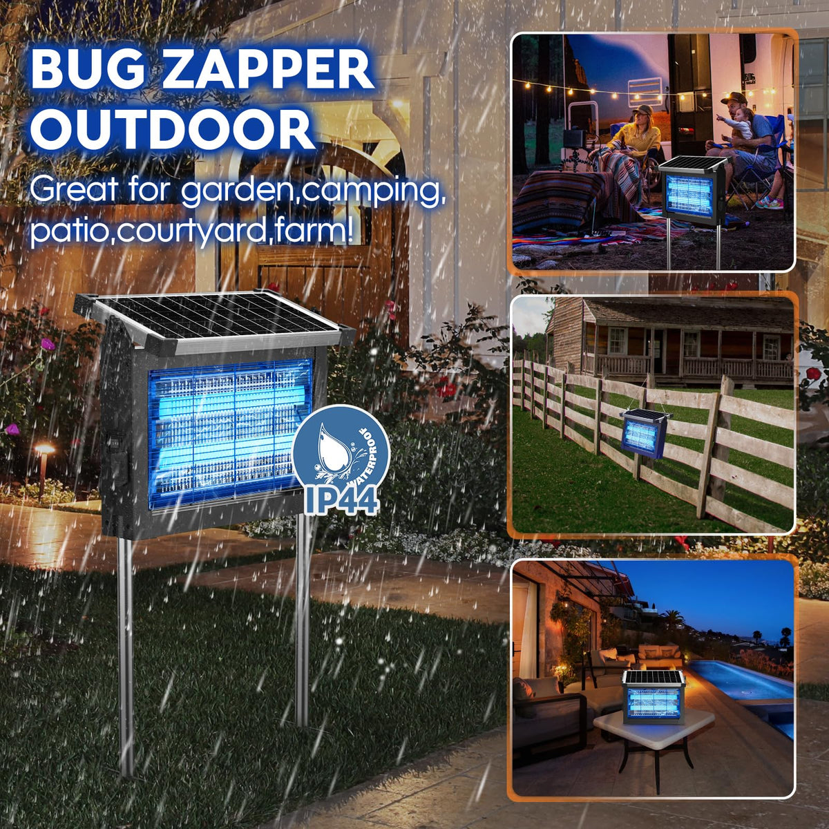Solar Bug Zapper 4500V, Waterproof Mosquito Zapper Fly Traps Outdoor Patio