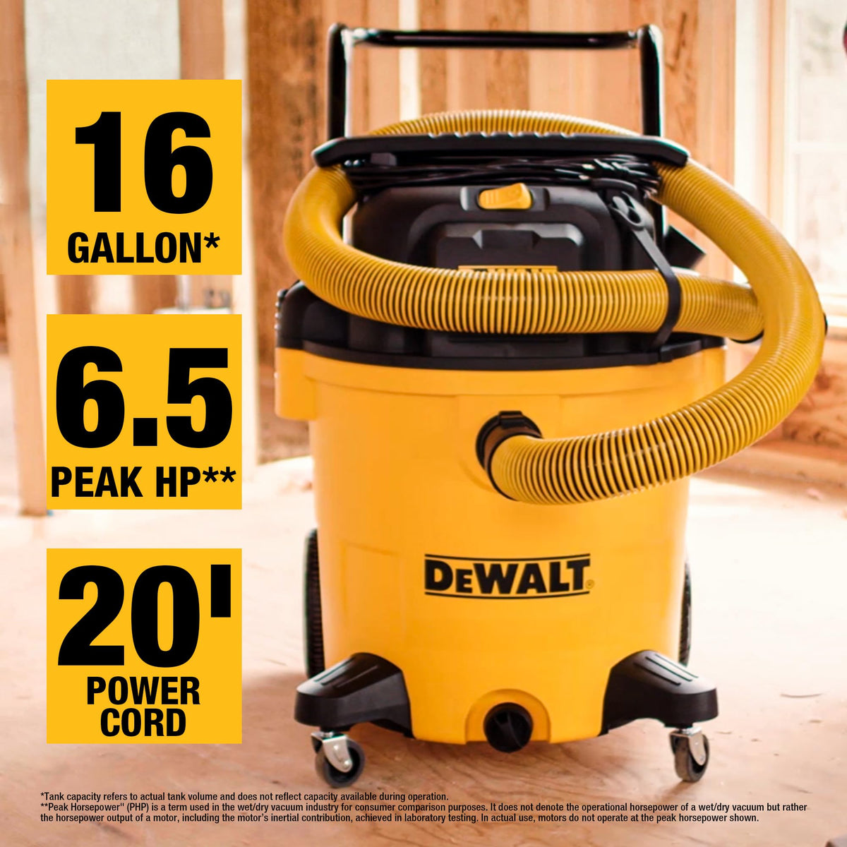 DEWALT DXV05P 5-Gallon Wet/Dry Vac, 4 Peak HP, 1-7/8-Inch Hose, Yellow