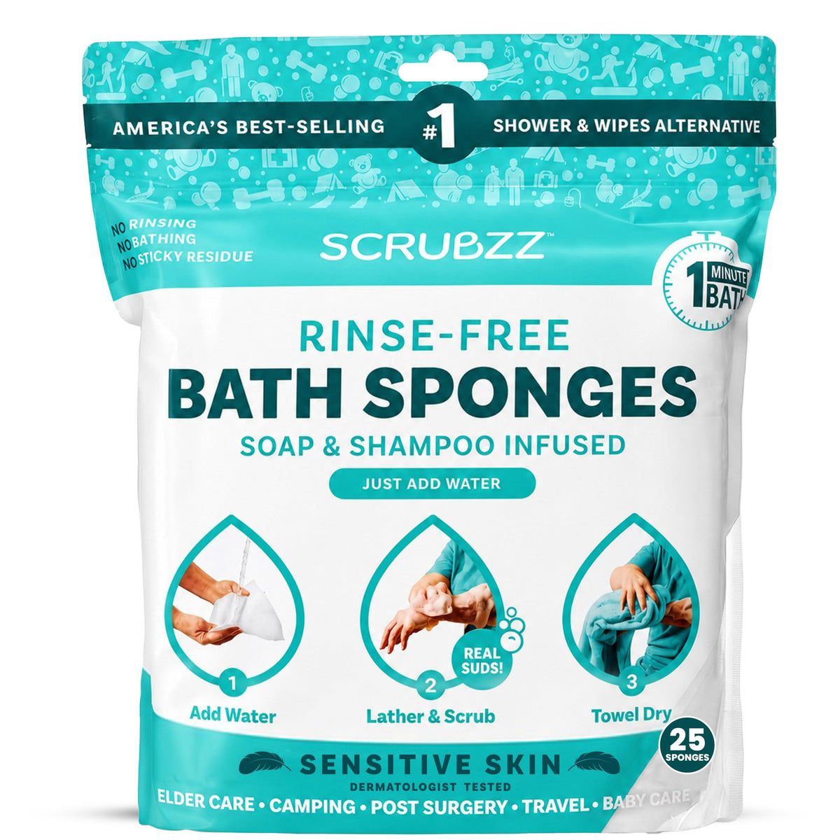 Scrubzz No-Rinse Bathing Wipes, 25 per Pack