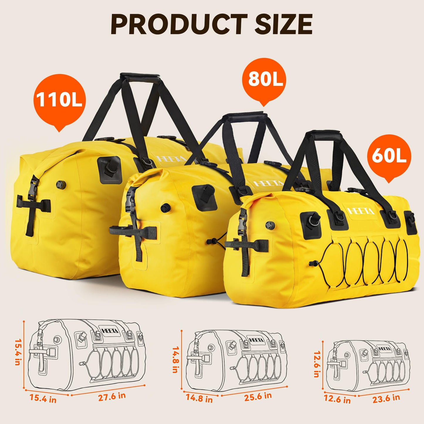 HEETA Waterproof Duffel Bag Motorcycle Dry Bag Backpack, 60L/80L Extra Large Rolltop Travel Duffle Bags with Straps & Handles for Kayaking Rafting Boating Canoeing Camping Gym Beach Cruise Ship