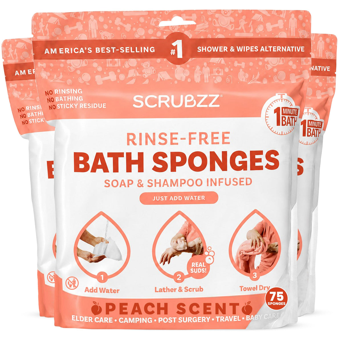 Scrubzz No-Rinse Bathing Wipes, 25 per Pack