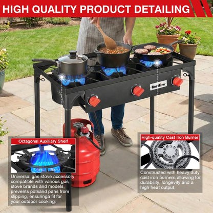 Bestfire 3 Burners Camping Stove for Cooking Outdoor, 225,000 BTU Propane Burners with Ignition wire&Removable Legs, Temperature Control Knobs and 20 PSIG High Pressure Regulator for BBQ