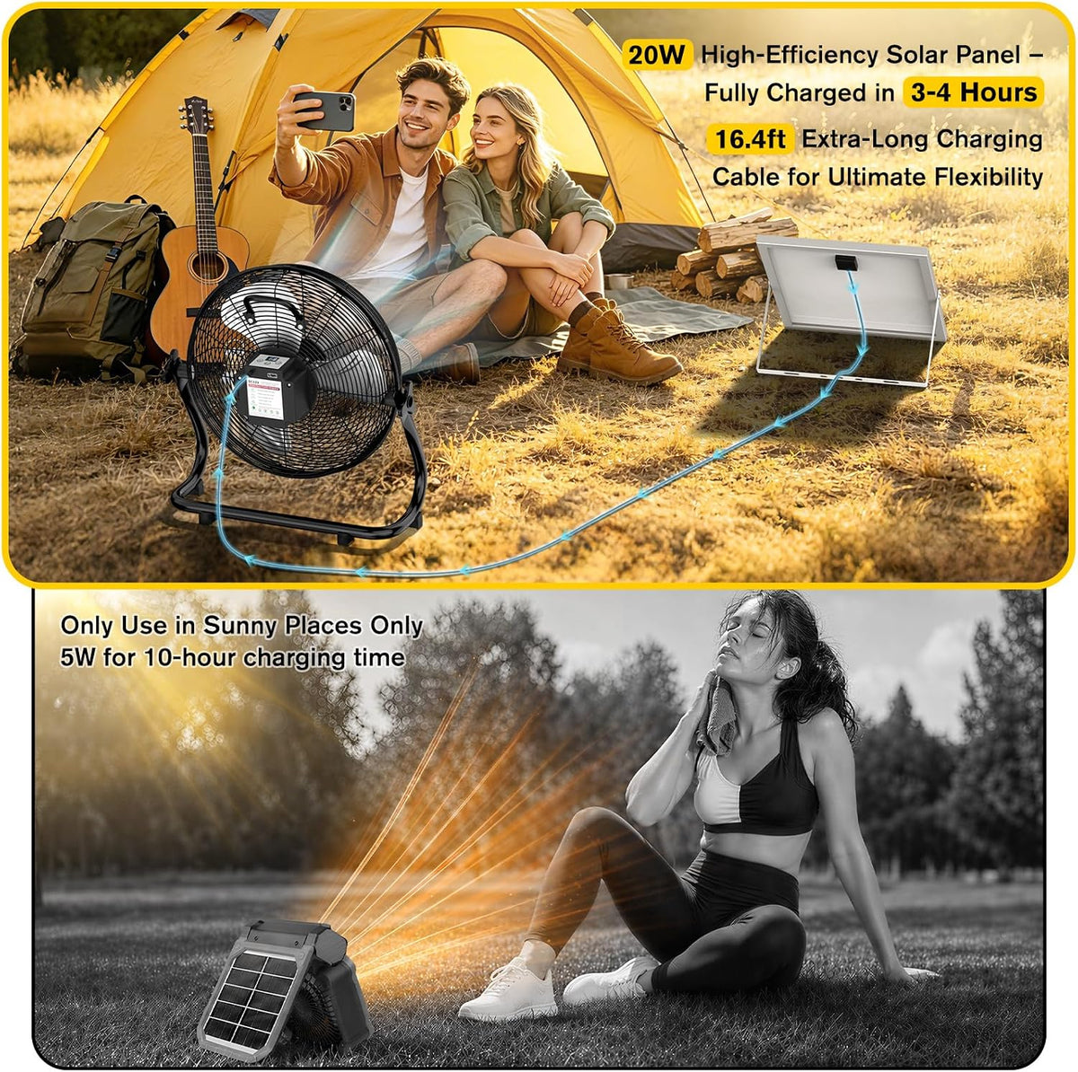 16" Solar Powered Fan with 20W Detachable Solar Panel, Black
