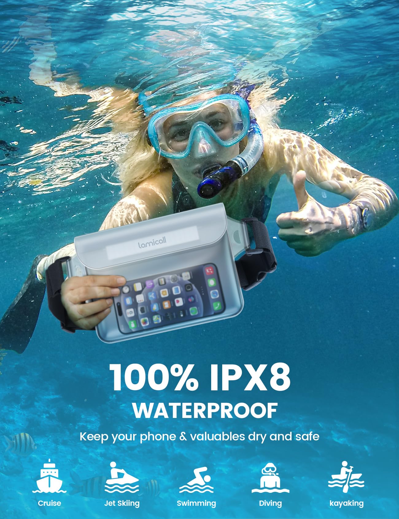 Lamicall Waterproof Fanny Pack Pouch - Large 8.7” Capacity fits iPad Mini & iPhone 17 16 15 Pro Max with Case - IPX8 Submersible Dry Bag for Cruise Essentials, Snorkeling, Kayaking, Black 2-Pack