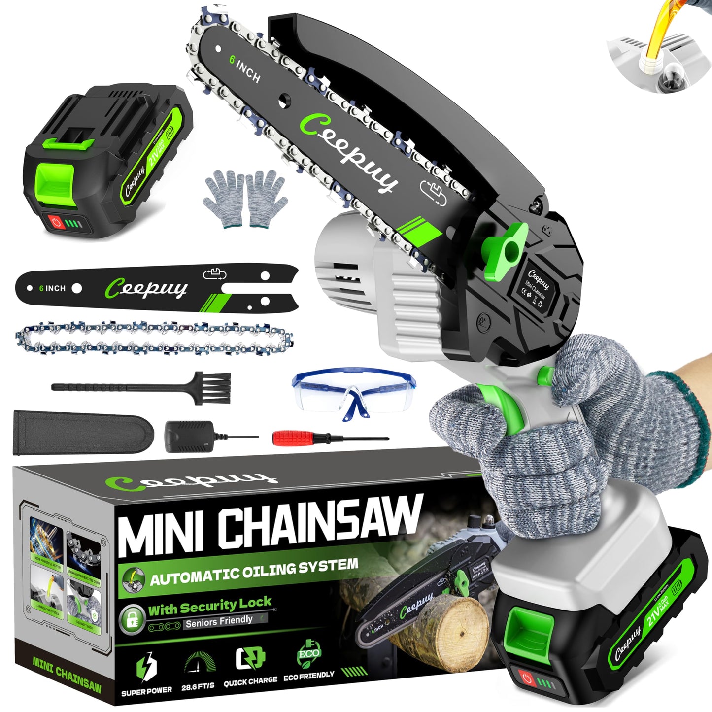 CEEPUY Mini Chainsaw Cordless,6 Inch Portable Electric Chainsaw with Automatic Oiler/Security Lock/Battery Powered Small Handheld Saw for Trees Branches Trimming,Wood Cutting, Gifts for Men Women