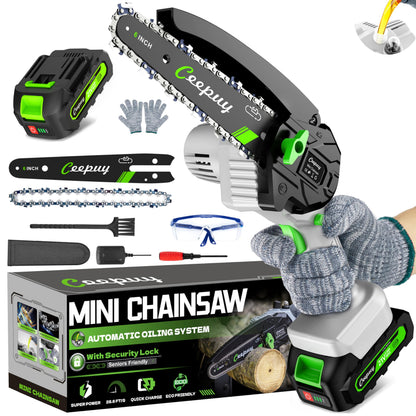CEEPUY Mini Chainsaw Cordless,6 Inch Portable Electric Chainsaw with Automatic Oiler/Security Lock/Battery Powered Small Handheld Saw for Trees Branches Trimming,Wood Cutting, Gifts for Men Women