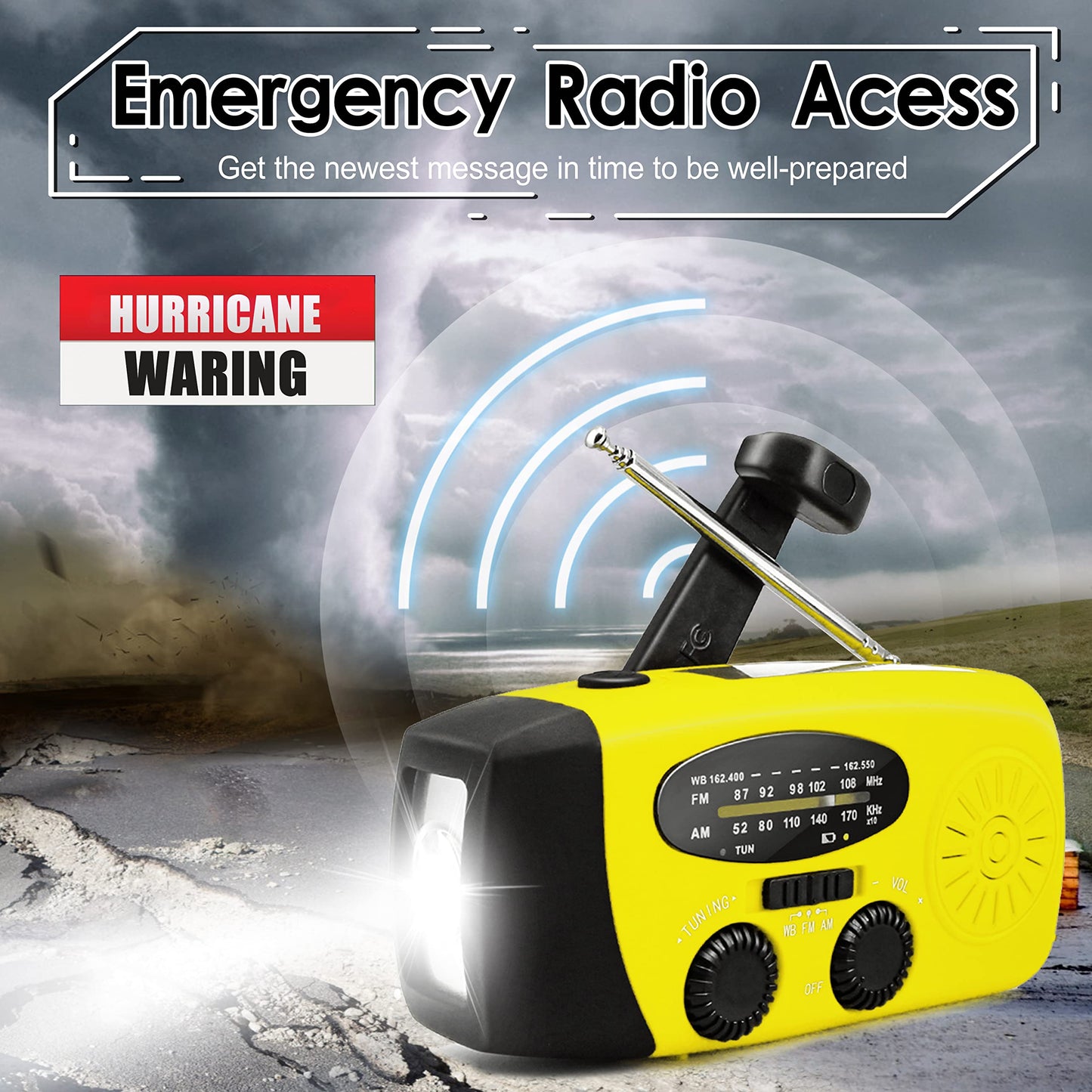 Emergency Crank Weather Radio, 14800mWh Solar Hand Crank Portable AM/FM/NOAA Weather Radio with 1W 3 Mode Flashlight & Reading Lamp, Cell Phone Charger, SOS for Home and Emergency