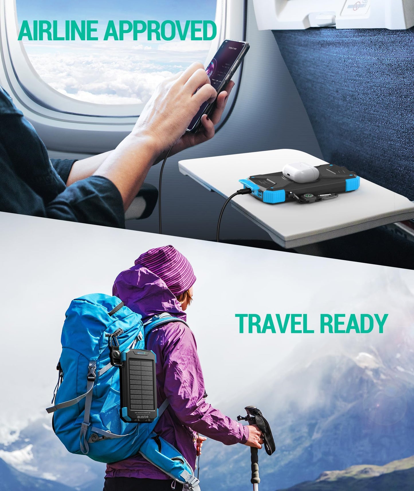 BLAVOR Solar Power Bank 10,000mAh, Portable Wireless Charger, 20W Fast Charging External Battery Pack with USB C for Cell Phones, Solar Panel Charging with Dual Flashlight for Camping