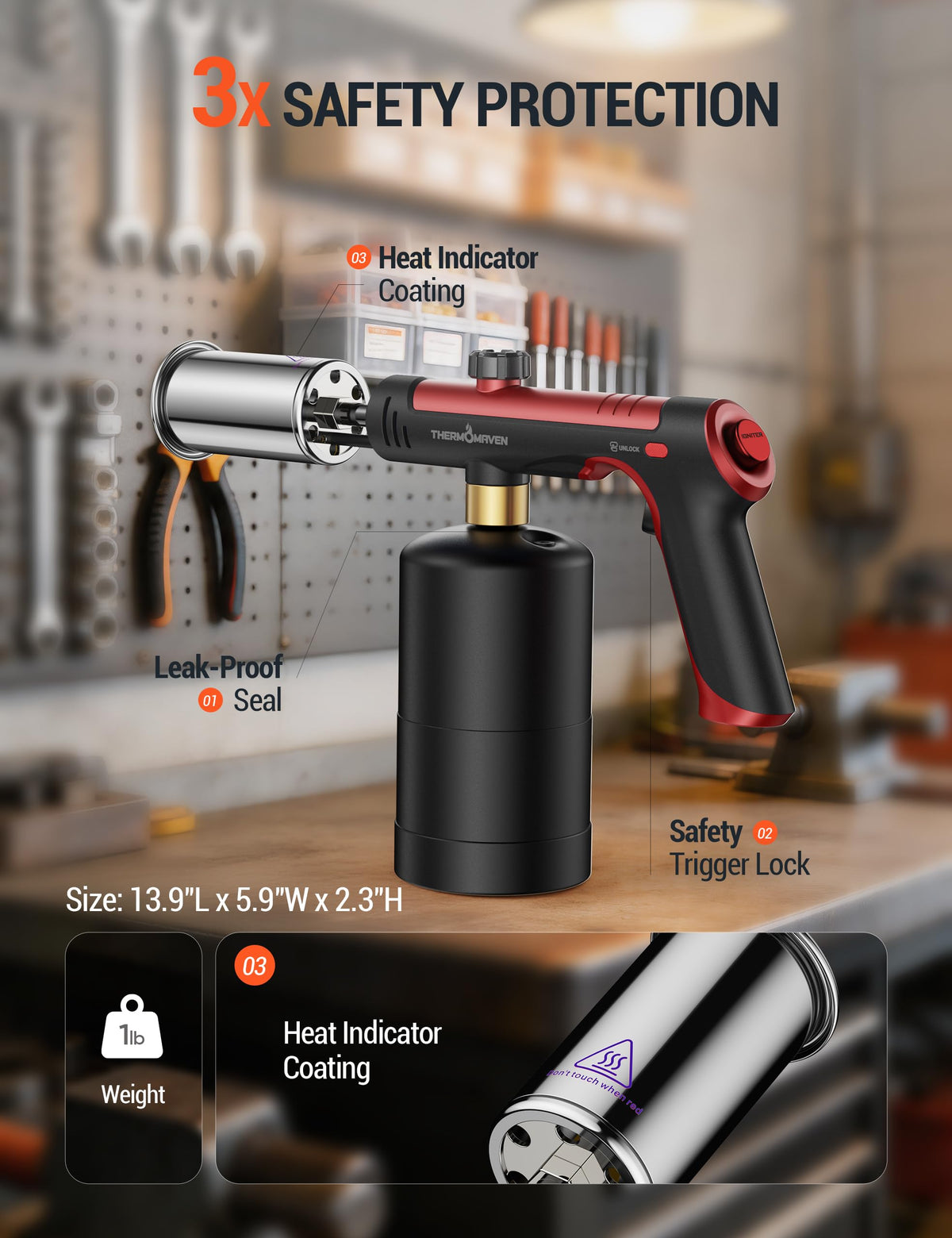 ThermoMaven Propane Torch Gun, One-Touch Max Fire Flame Thrower, Silver