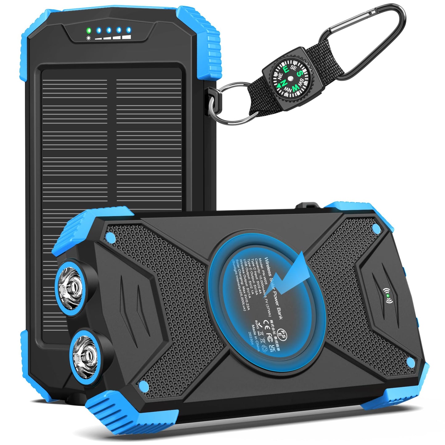 BLAVOR Solar Power Bank 10,000mAh, Portable Wireless Charger, 20W Fast Charging External Battery Pack with USB C for Cell Phones, Solar Panel Charging with Dual Flashlight for Camping