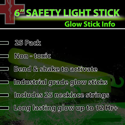 25 Green Glow Sticks, 6 in., Individually Packed with Lanyards, Up to 12-Hour Glow