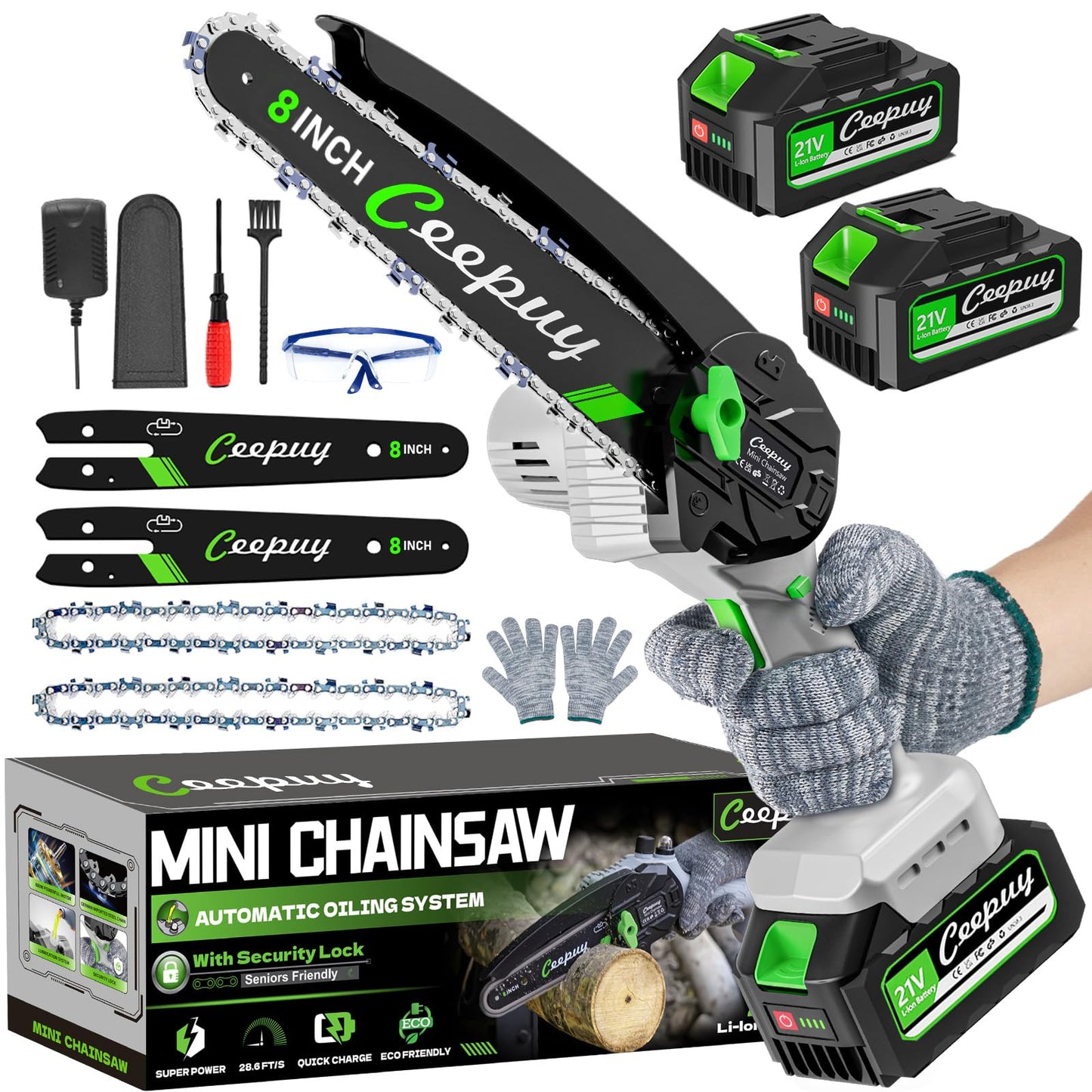 CEEPUY Mini Chainsaw Cordless,6 Inch Portable Electric Chainsaw with Automatic Oiler/Security Lock/Battery Powered Small Handheld Saw for Trees Branches Trimming,Wood Cutting, Gifts for Men Women