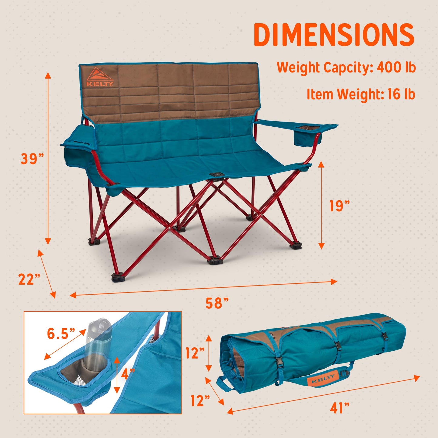 Kelty Low Loveseat Oversized 2-Person Heavy Duty Folding Camp Chair, Double Seat for Soccer Games, Tailgating, Beach Days (Low Height/Dark Shadow)