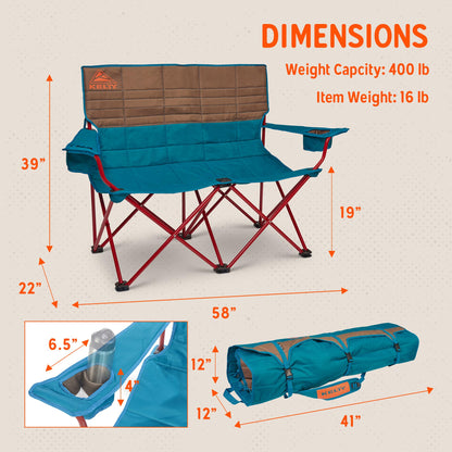 Kelty Low Loveseat Oversized 2-Person Heavy Duty Folding Camp Chair, Double Seat for Soccer Games, Tailgating, Beach Days (Low Height/Dark Shadow)