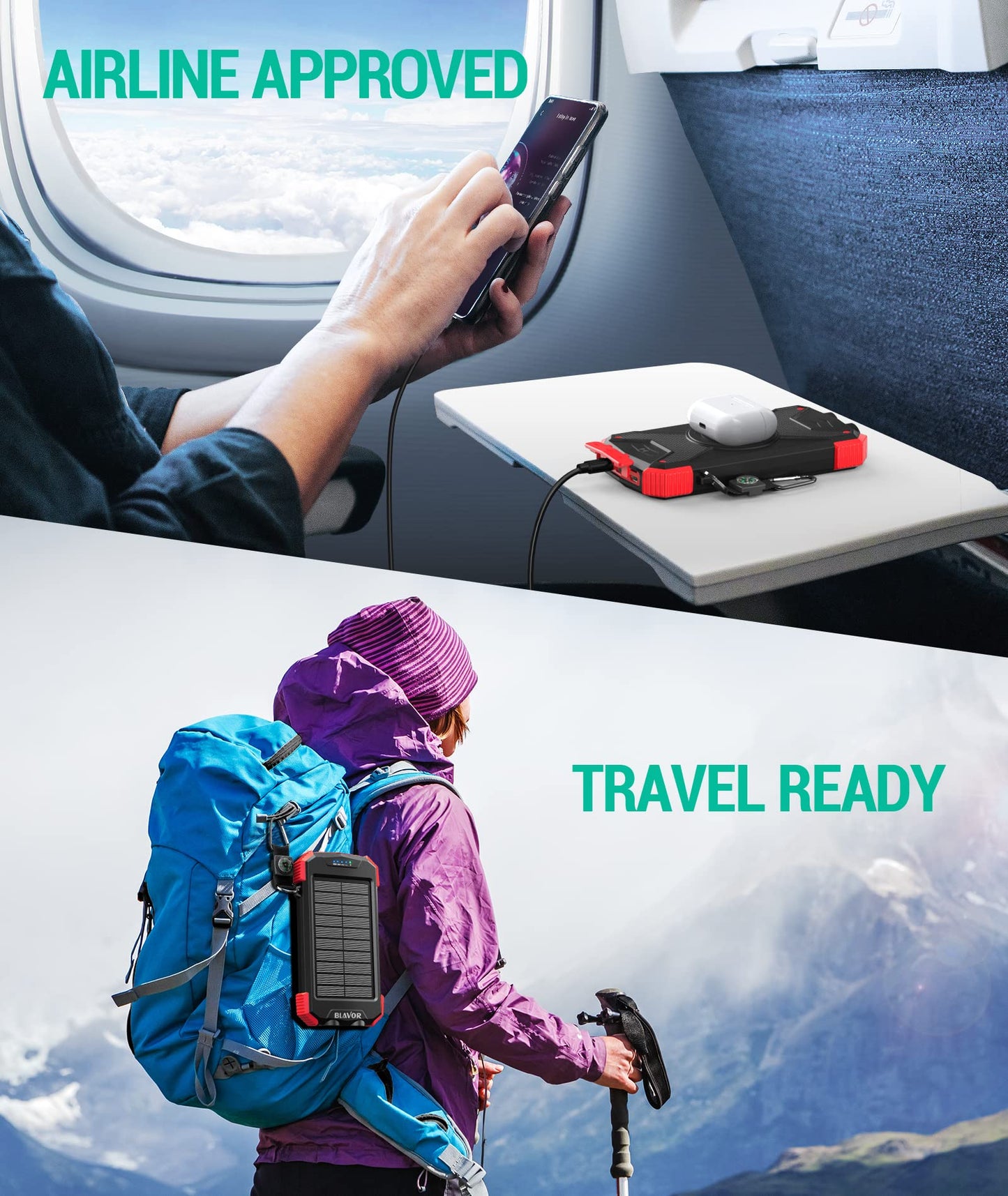 BLAVOR Solar Power Bank 10,000mAh, Portable Wireless Charger, 20W Fast Charging External Battery Pack with USB C for Cell Phones, Solar Panel Charging with Dual Flashlight for Camping