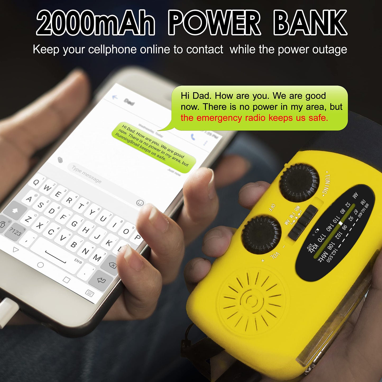 Emergency Crank Weather Radio, 14800mWh Solar Hand Crank Portable AM/FM/NOAA Weather Radio with 1W 3 Mode Flashlight & Reading Lamp, Cell Phone Charger, SOS for Home and Emergency
