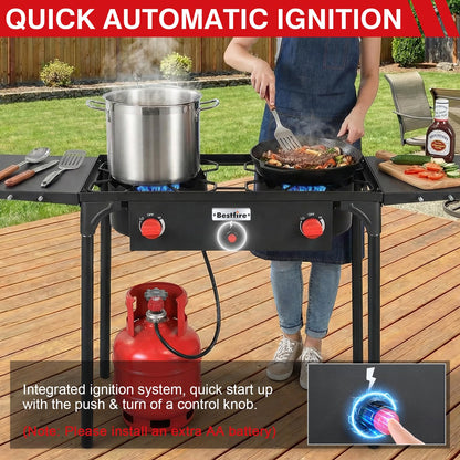 Bestfire 3 Burners Camping Stove for Cooking Outdoor, 225,000 BTU Propane Burners with Ignition wire&Removable Legs, Temperature Control Knobs and 20 PSIG High Pressure Regulator for BBQ