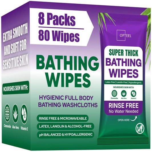 OPTEEL Super Thick Bathing Wipes for Adults Bathing No Rinse – Full Body Shower Wipe, Ideal for Men, Women & Elderly – Extra Large & Soft Travel Wipes Perfect Alternative to Shower – 8 Packs (80ct)
