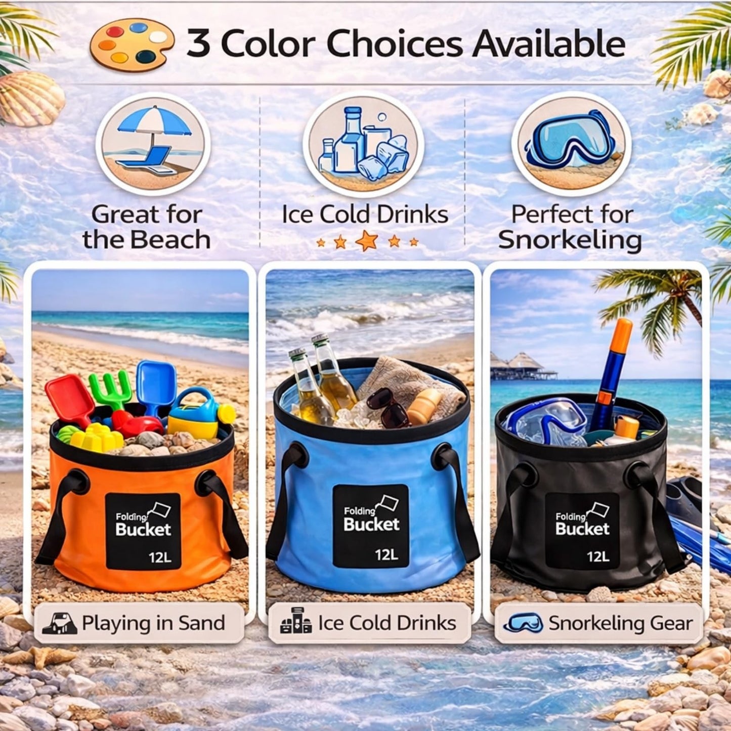 3 Gallon 4 Pack Collapsible Bucket, Foldable Water Bucket with Handles, Portable Camping Buckets for Fishing, Hiking, Cleaning, Outdoor & Travel Use (Multicolor)