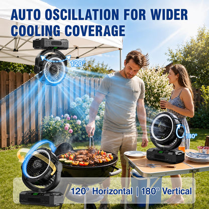 Rechargeable Solar Camping Fan, Oscillating, 5 Speeds, 3 Lights & 12-Hour Timer